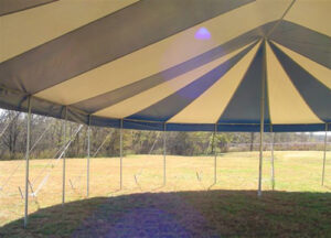 Under a white and blue event tent
