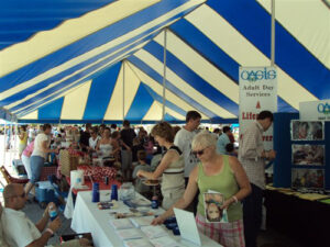 Blue and white event tent set up for a convention