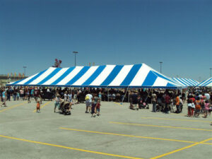 Large blue and white commercial tent