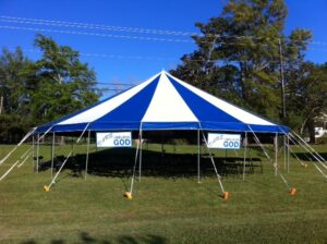 Small blue and white circle pole tent