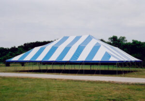 Large blue and white party tent