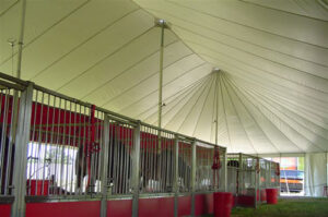A large white pole tent with horses and stables underneath